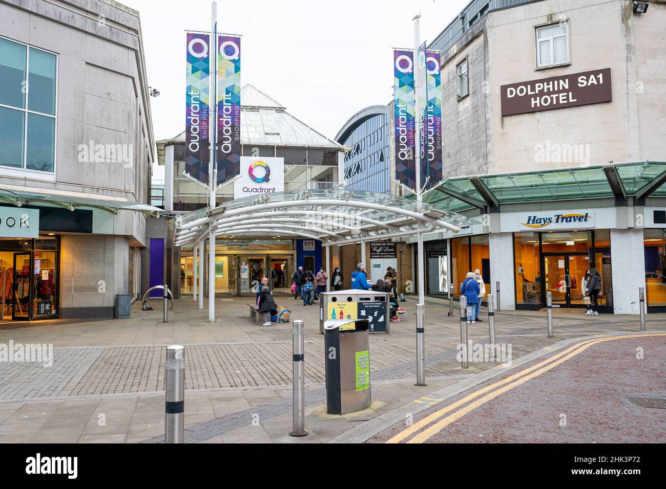The Quadrant Shopping Centre entrance. Swansea, South Wales, the United Kingdom - January 16, 2022 Stock Photo