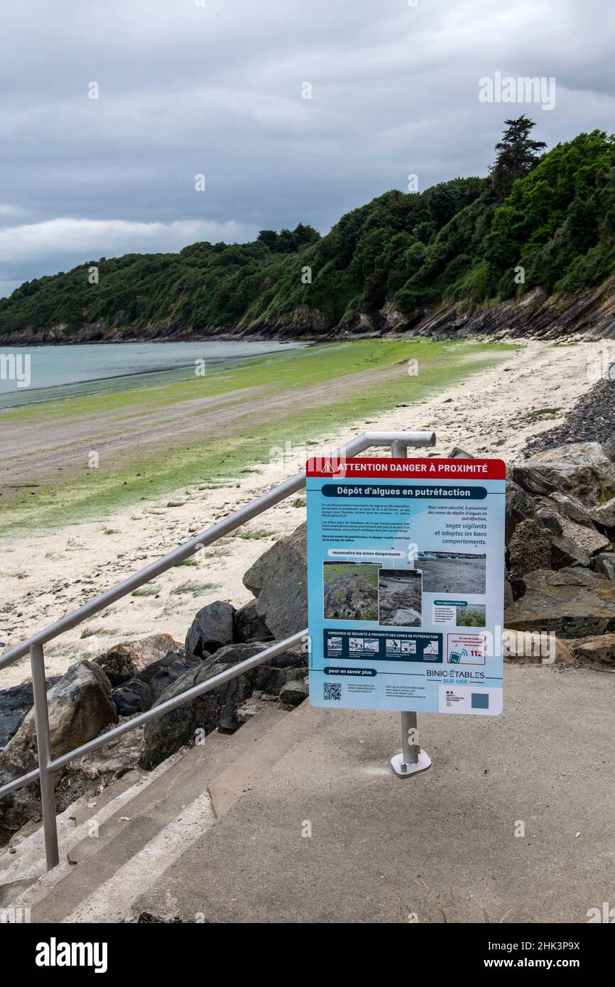 Sign warning of the danger of decaying green algae on the beach of Binic, Cotes d'Armor, Brittany, France Stock Photo