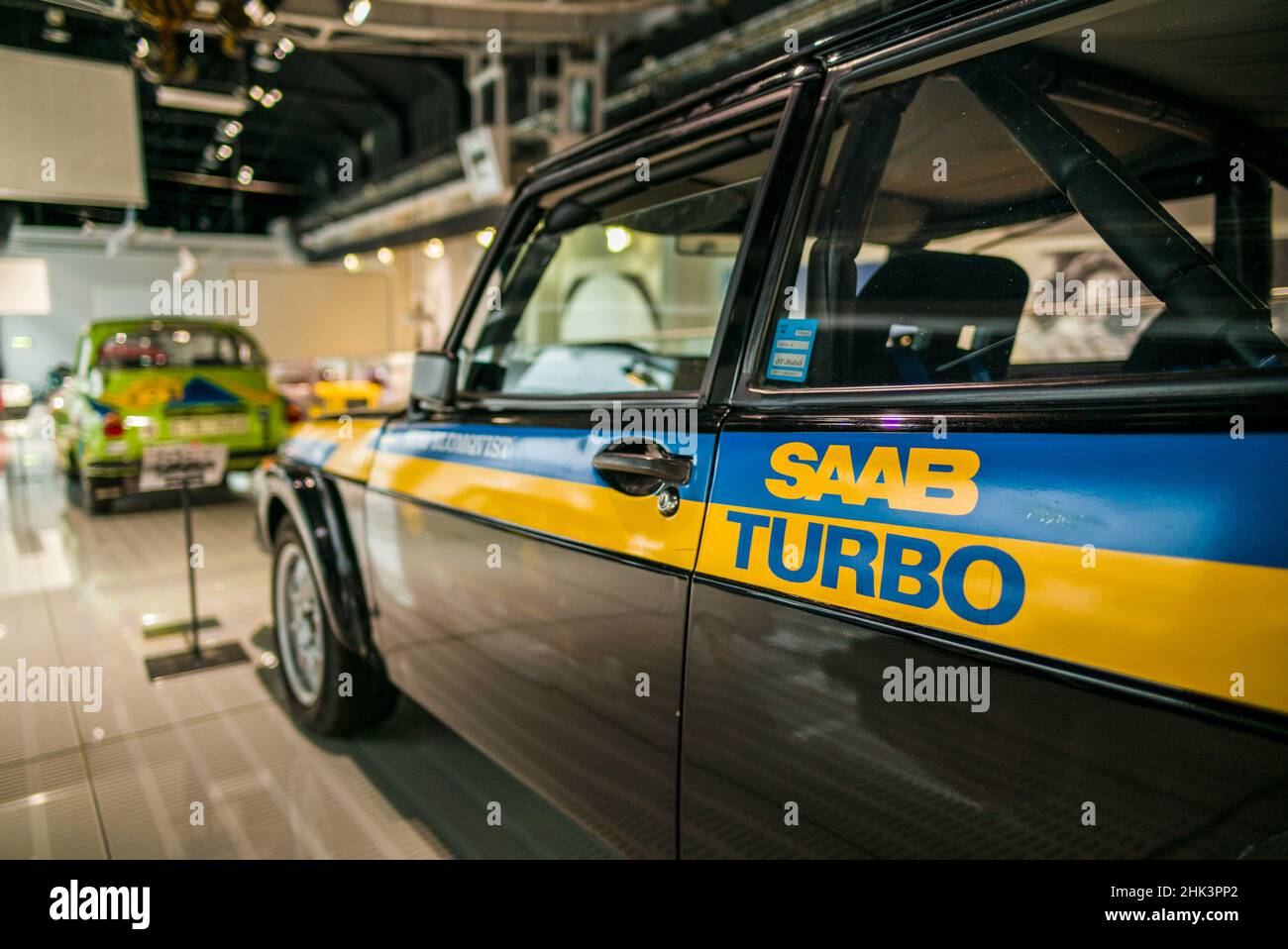 Sweden, Vastragotland, Trollhattan, Saab Car Museum, SAAB 900 Turbo driven by famed driver Stig Blomqvist Stock Photo