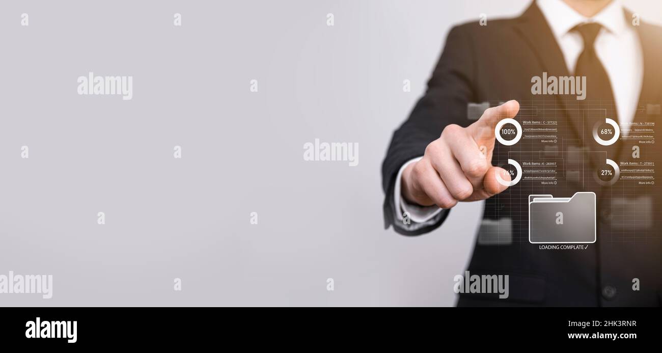 Business developer hand using board framework on virtual modern computer showing innovation Agile software development lean project management tool fa Stock Photo