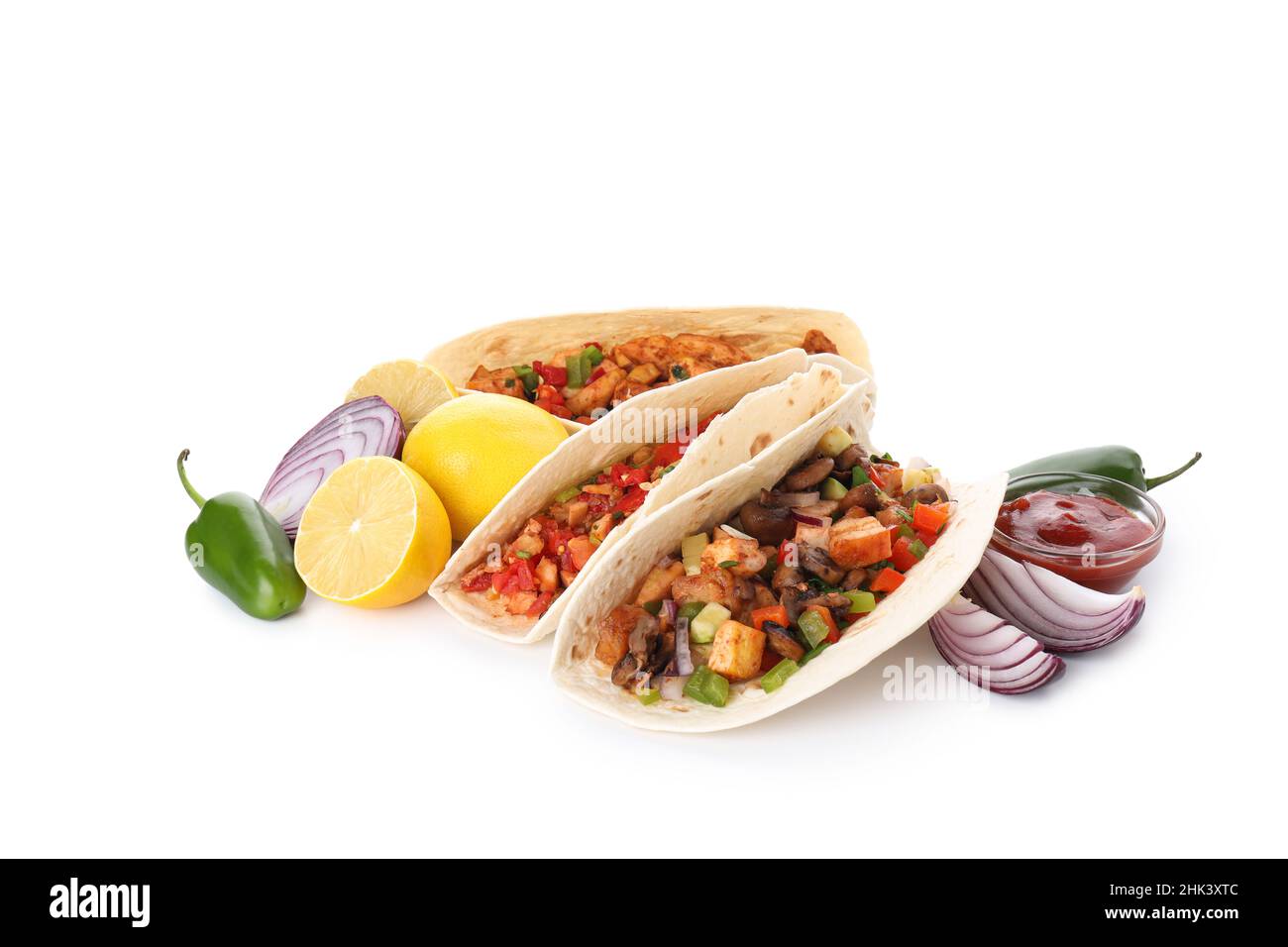 Concept of tasty food with taco isolated on white background Stock Photo