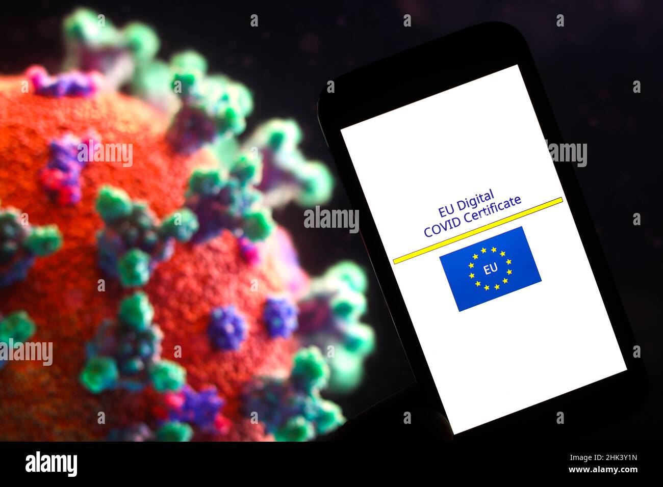 In this photo illustration a EU Digital Covid vaccination Certificate logo seen displayed in front of an image of a coronavirus. Stock Photo