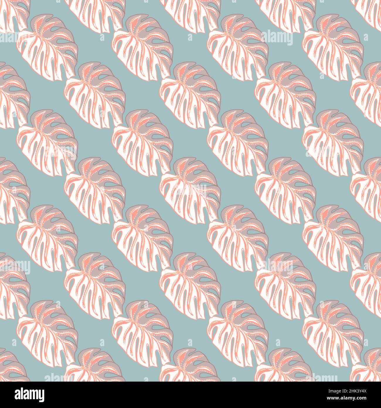 Hand drawn seamless pattern with pink diagonal monstera leaves ornament ...