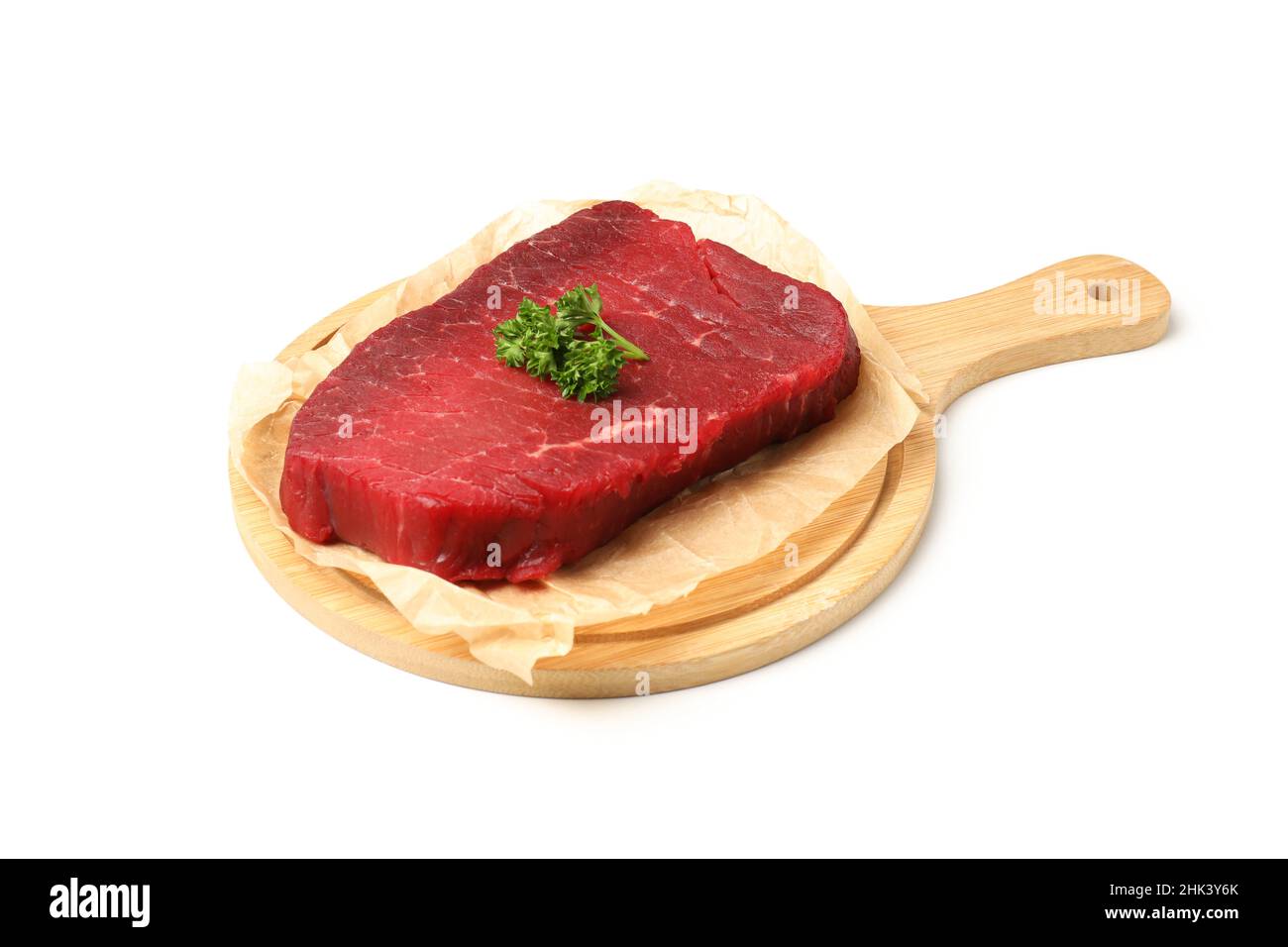 Board with raw beef steak isolated on white background Stock Photo - Alamy