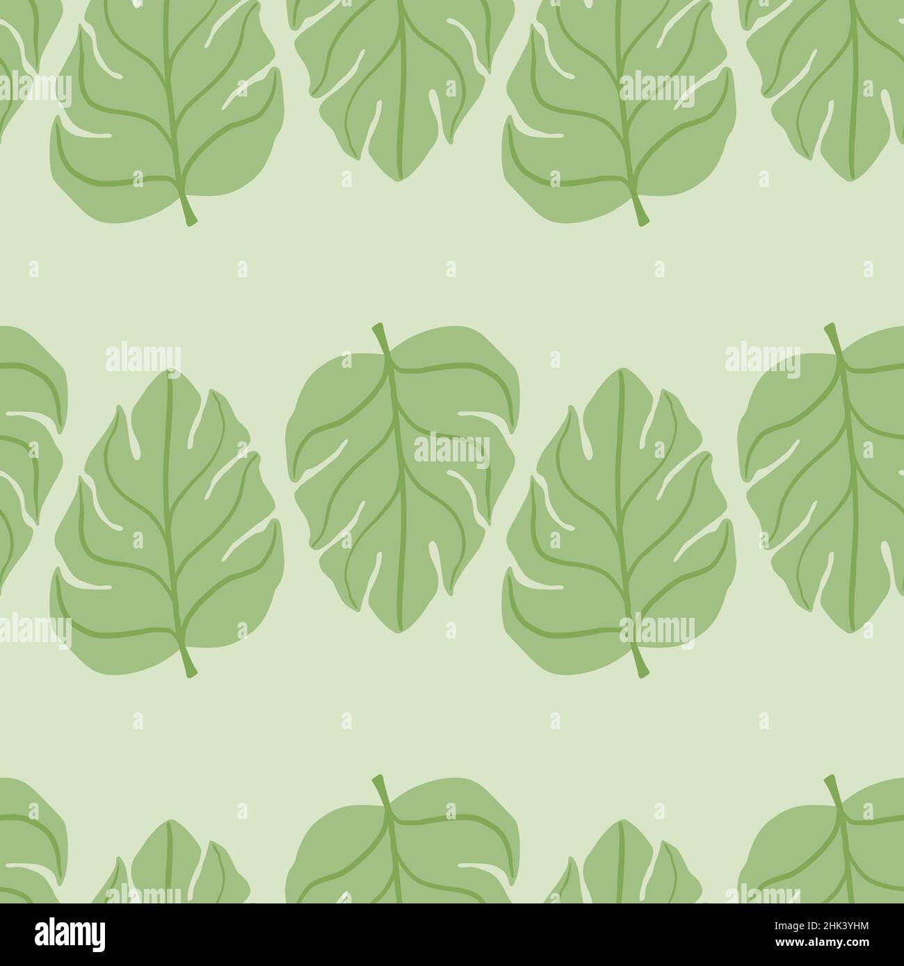 Green monstera leaves seamless pattern in minimalistic style. Palm foliage print with grey background. Graphic design for wrapping paper and fabric te Stock Vector