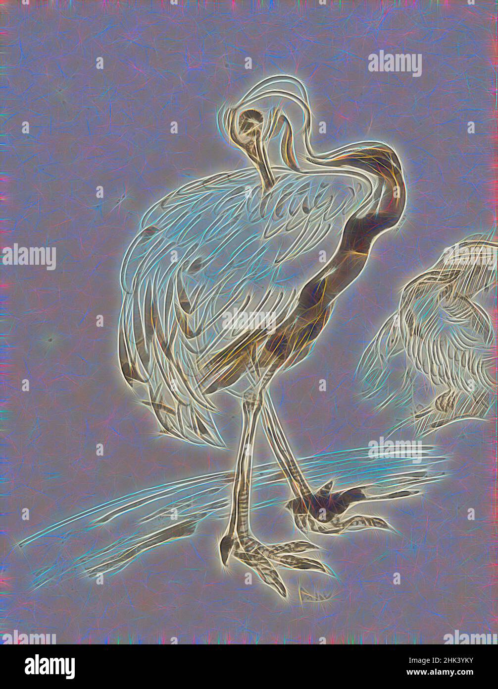 Inspired by Chinoiserie, a stork, James Ensor, circa 1880-1890, drawing, Belgian Art, Reimagined by Artotop. Classic art reinvented with a modern twist. Design of warm cheerful glowing of brightness and light ray radiance. Photography inspired by surrealism and futurism, embracing dynamic energy of modern technology, movement, speed and revolutionize culture Stock Photo