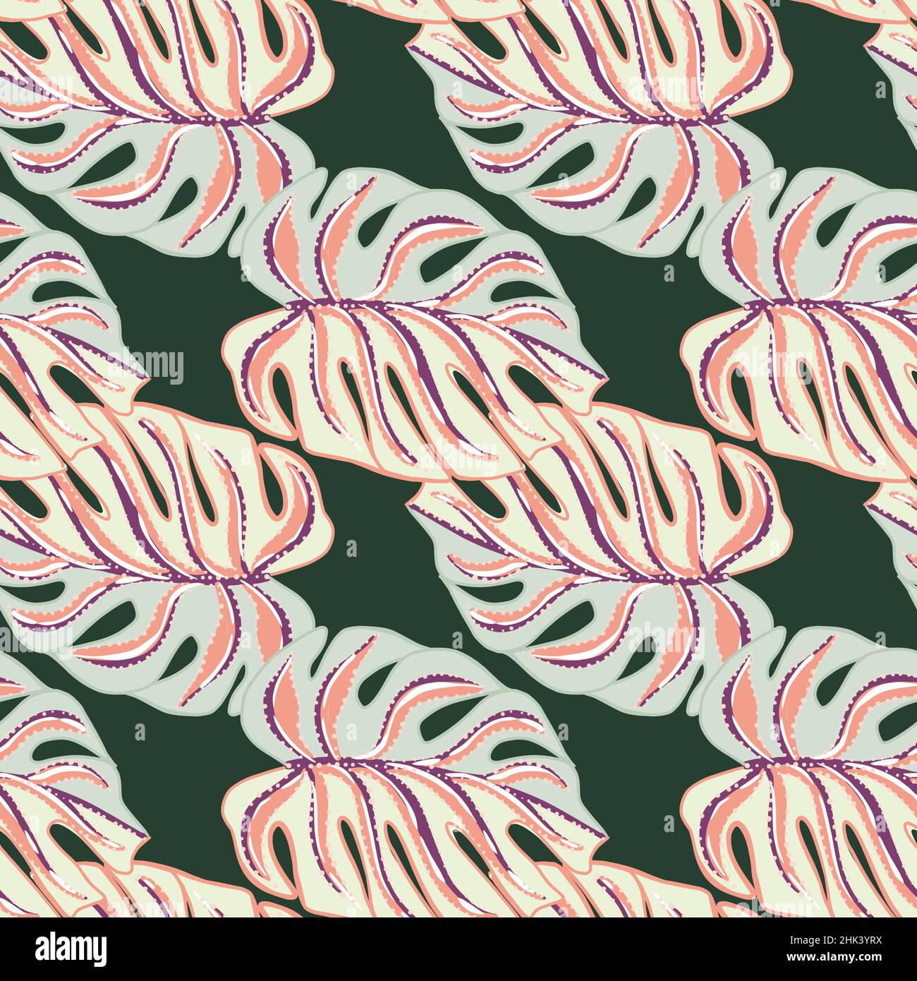 Decorative palm seamless pattern with pink doodle monstera leaf ...