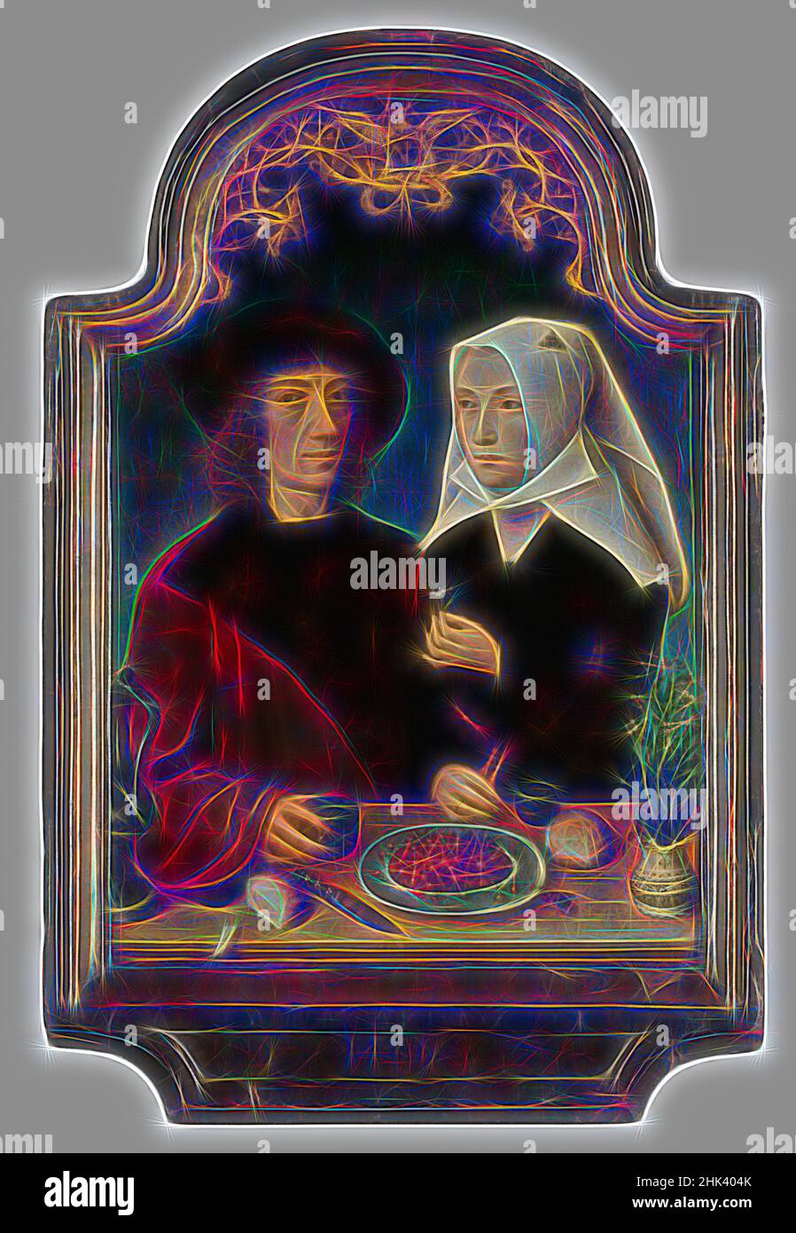 Inspired by The painter and his wife, Master of Frankfurt, 1496, painting, 1496, Belgian Art, Reimagined by Artotop. Classic art reinvented with a modern twist. Design of warm cheerful glowing of brightness and light ray radiance. Photography inspired by surrealism and futurism, embracing dynamic energy of modern technology, movement, speed and revolutionize culture Stock Photo