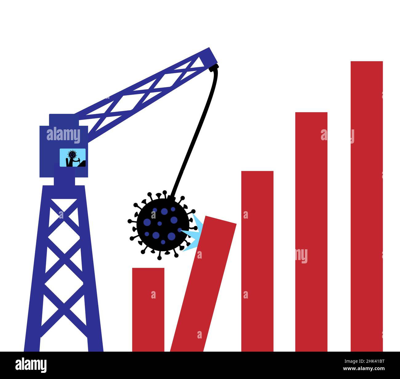 A metaphor using a wrecking ball with a Covid-19 virus crashing into a bar chart to illustrate the impact of the virus on global growth. Stock Photo