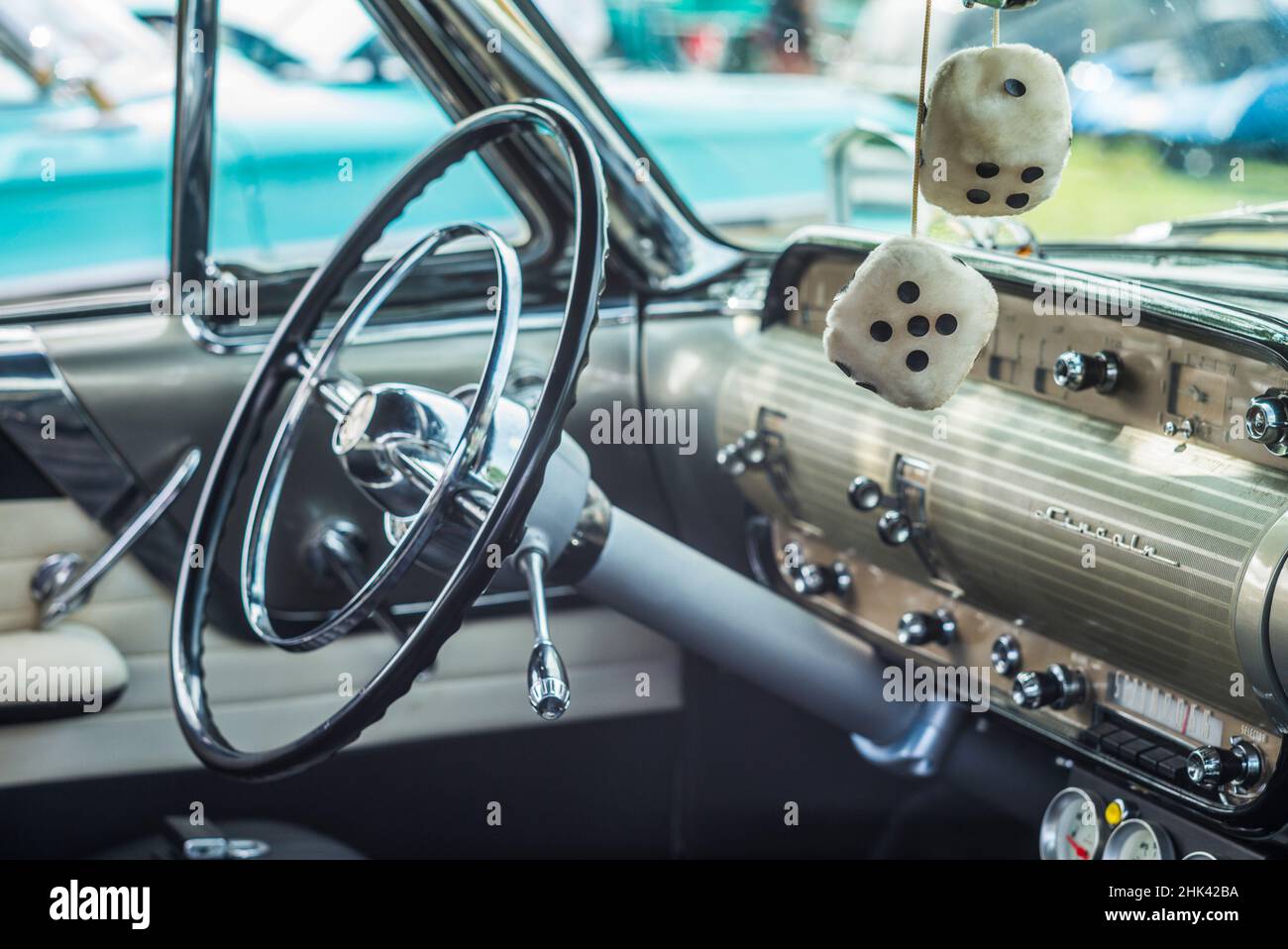 USA, Massachusetts, Gloucester. Fuzzy dice with US flag in 1950s-era  convertible, antique car show Stock Photo - Alamy