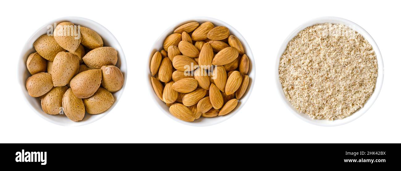 Almonds in white bowls. Whole, dried nuts of Prunus dulcis, with and without shells, ready to eat as a snack, and ground nuts, used for baking. Stock Photo