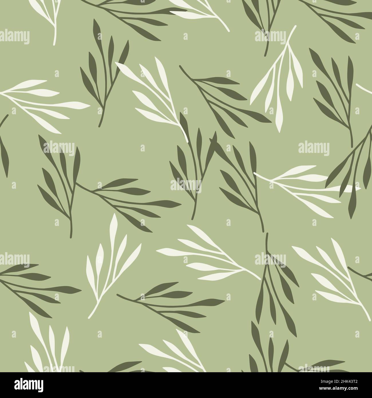 Spring season seamless pattern with random hand drawn leaf branches ornament. Light green background. Vector illustration for seasonal textile prints, Stock Vector