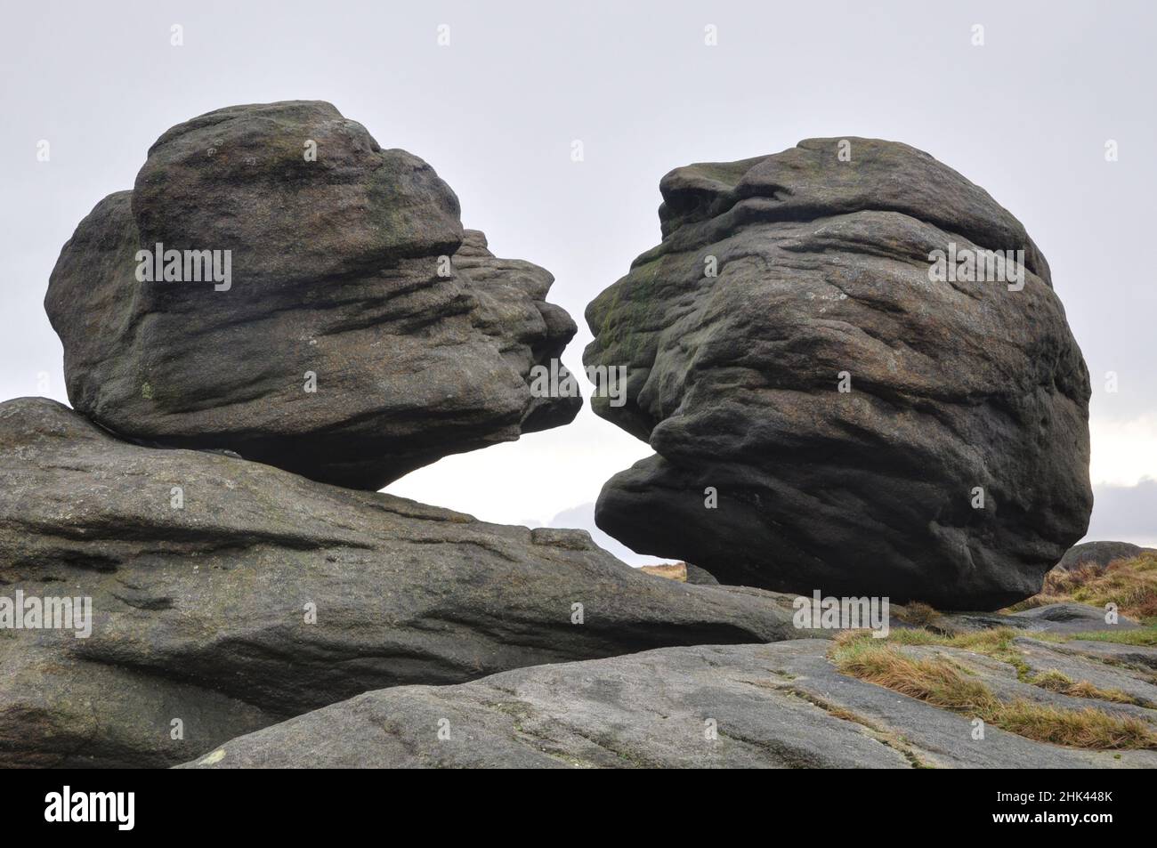 The Wain Stones, two boulders on Bleaklow, Peak District, that appear to be kissing Stock Photo