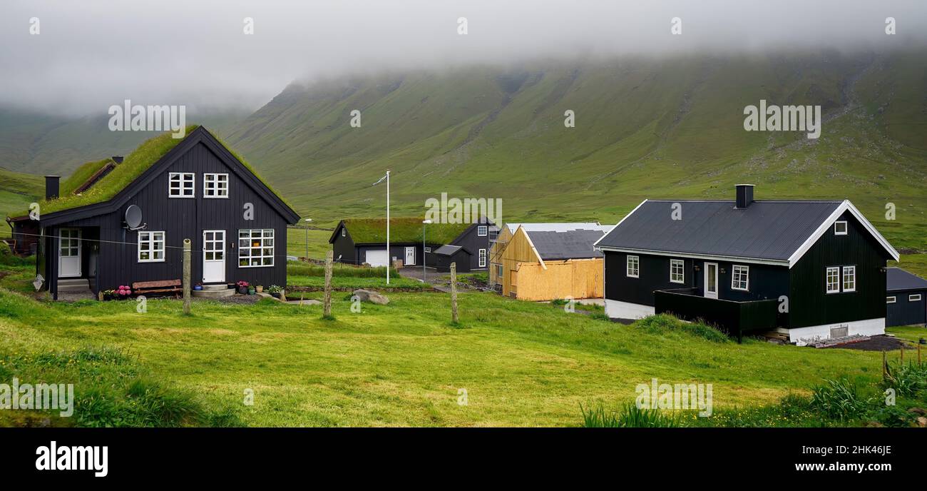 Typical small village in Faroe Islands. Tradicional faroese grass