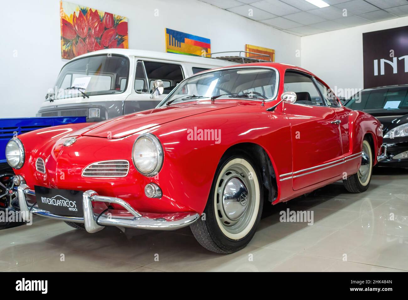 Vintage 1962 Volkswagen Karmann-Ghia classic vehicle in the Interclassicos car dealership. The famous place is a business attracting scores of visitor Stock Photo