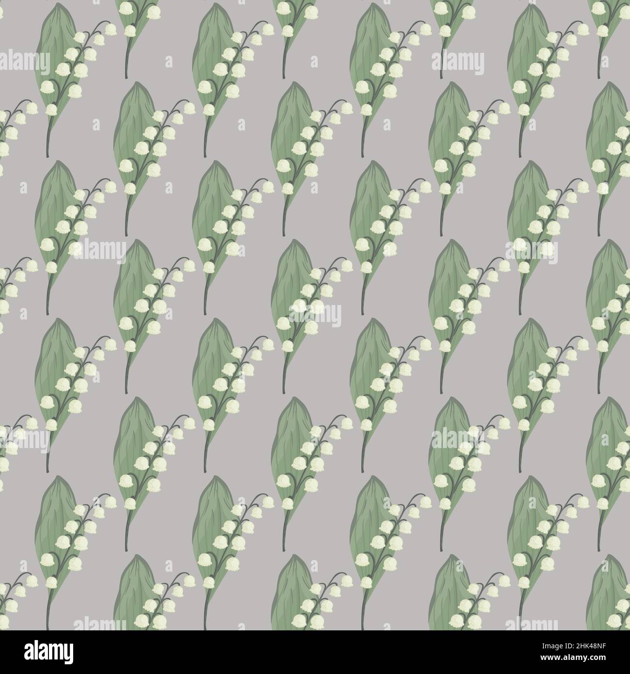Vintage style floral seamless pattern with green and white lily of the valley ornament. Purple background. Graphic design for wrapping paper and fabri Stock Vector