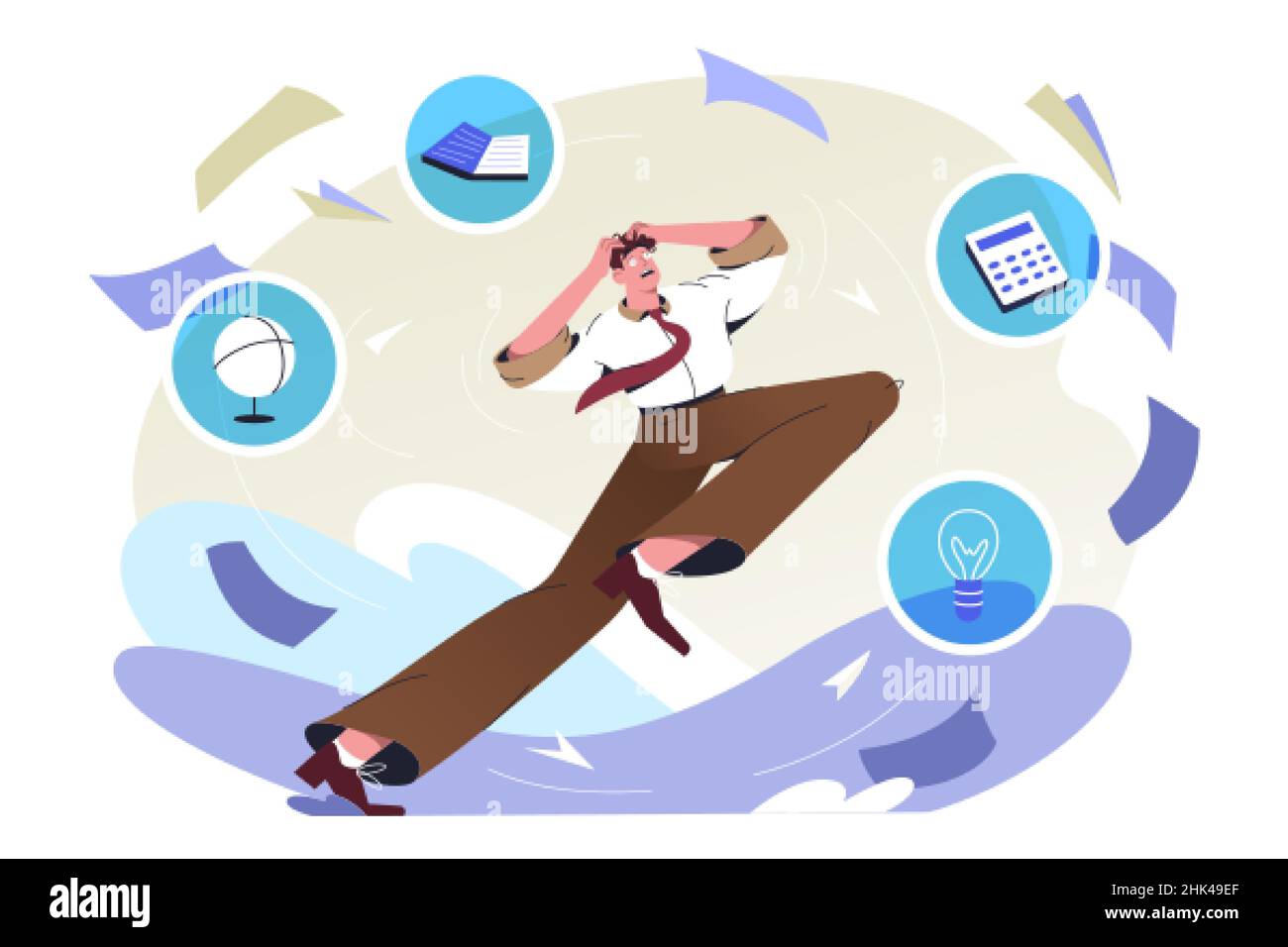 Flat stressed man overloaded by work and a lot of information. Overwhelmed employee person running away from overload. Multitasking and excess of paperwork for exhausted worker in office. Stock Vector