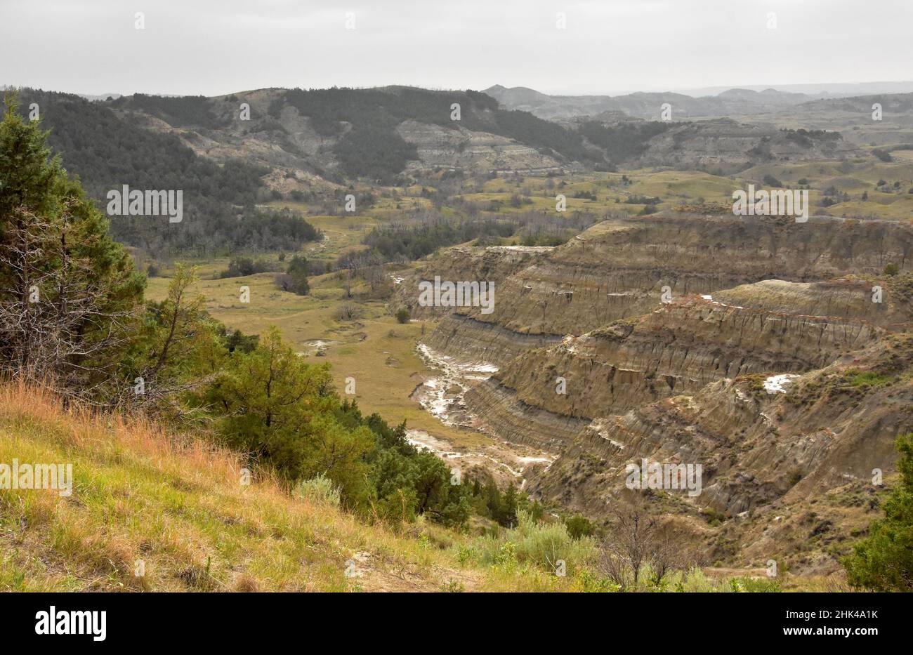 Badlands with eroding landscape and painted canyon in North Dakota