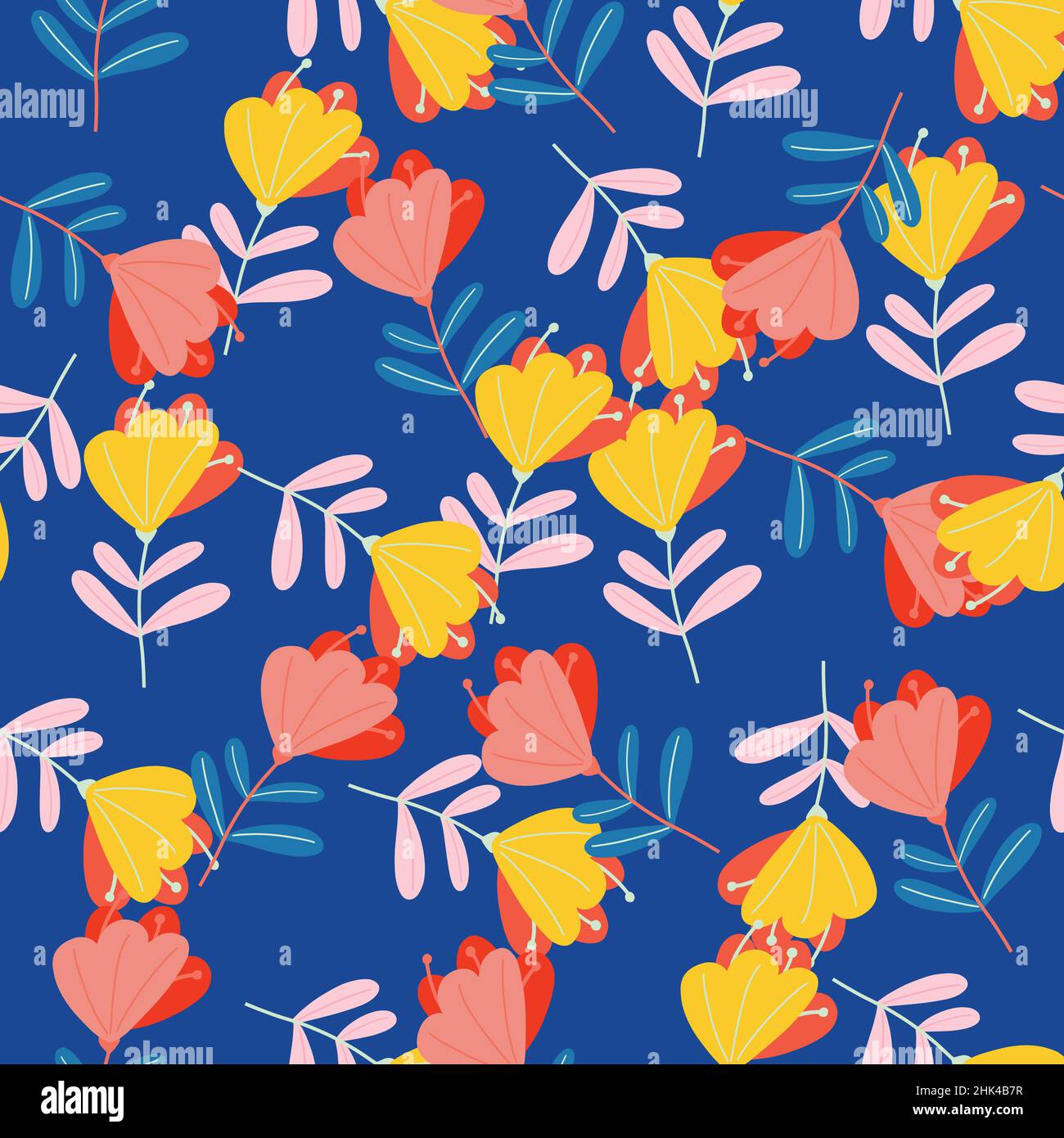 Pink and yellow colored doodle flowers seamless random pattern in hand ...