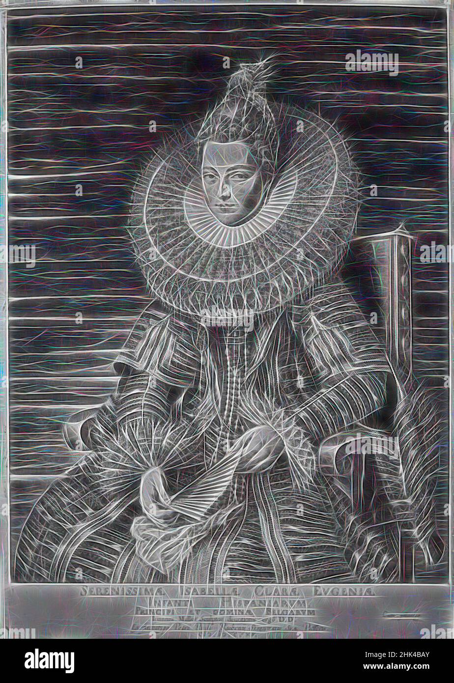 Inspired by Isabella Clara Eugenia, Infanta of Spain, Jan Muller, Dutch, 1571-1628, Engraving on laid paper, 1615, 16 7/16 x 11 9/16 in., 41.8 x 29.4 cm, elite, historic person, historical painting, royal, ruler, wealth, Reimagined by Artotop. Classic art reinvented with a modern twist. Design of warm cheerful glowing of brightness and light ray radiance. Photography inspired by surrealism and futurism, embracing dynamic energy of modern technology, movement, speed and revolutionize culture Stock Photo