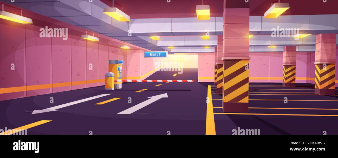 Cartoon empty underground with barrier to exit and car parking payment system. Indoor interior of garage in city shopping mall with marking road, auto park places, columns and guiding arrows on floor. Stock Vector