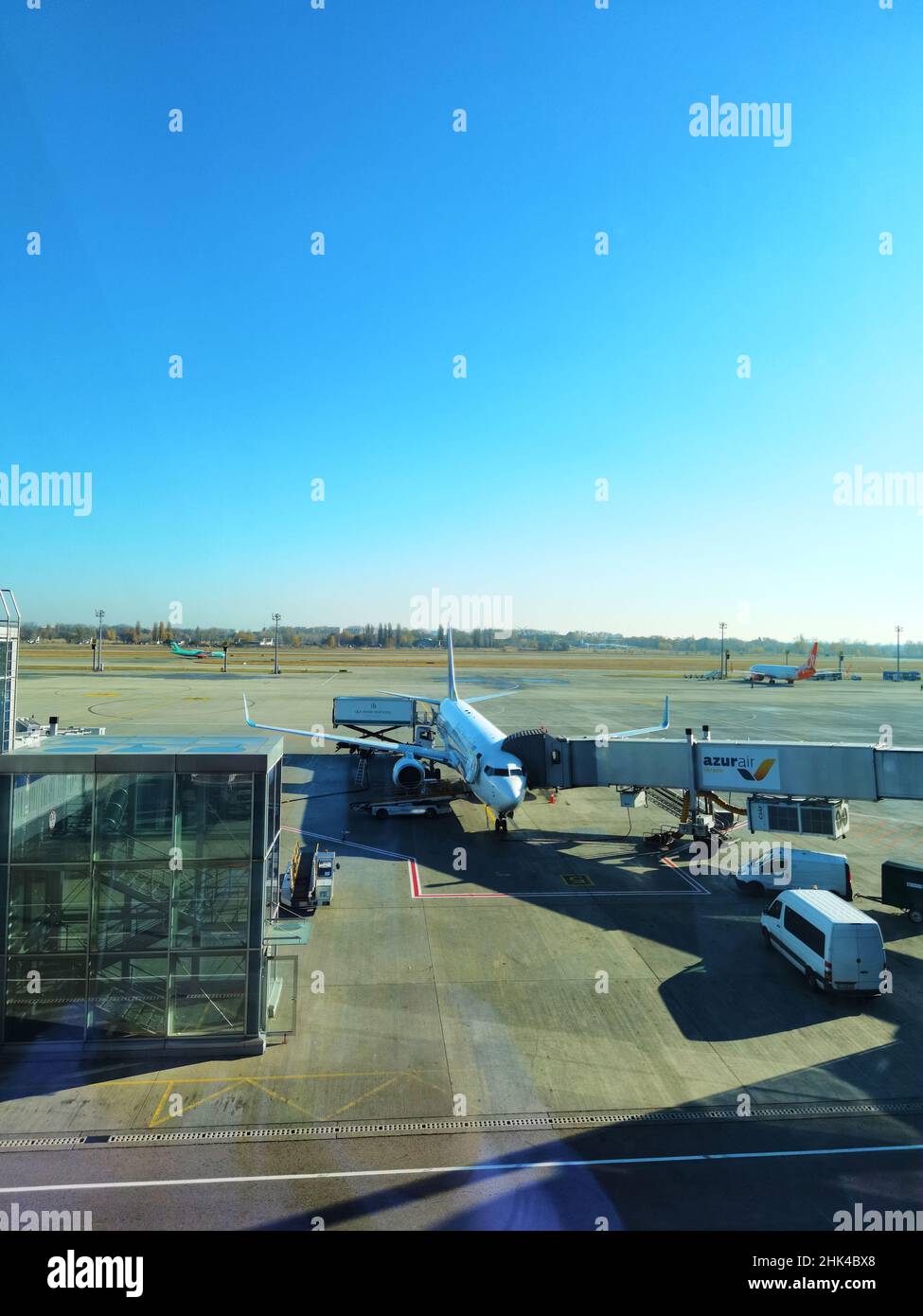 Boryspil, Ukraine - January 31, 2022: Airport panoramic view. Airport apron overview. Aircrafts at the airport gates. Kiev Boryspil International Stock Photo