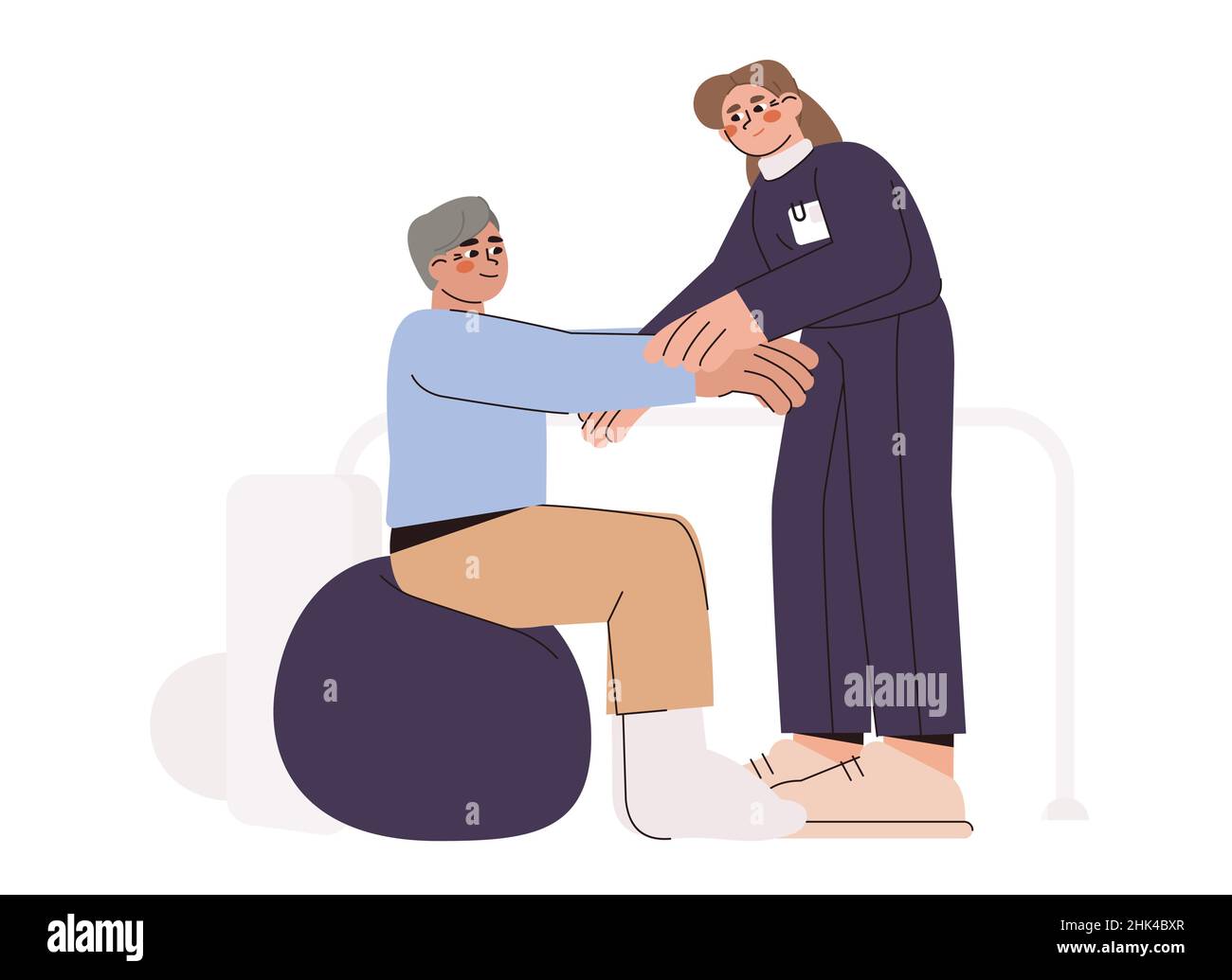 Flat doctor physiotherapy and patient after injury training on ball for reduce and relieve pain. Physical therapy specialist help to recovery leg after surgery. Rehab in medical rehabilitation center. Stock Vector