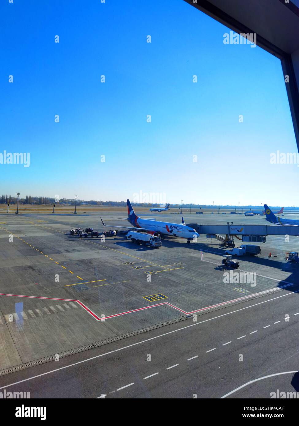 Boryspil, Ukraine - January 31, 2022: Airport panoramic view. Airport apron overview. Aircrafts at the airport gates. Kiev Boryspil International Stock Photo