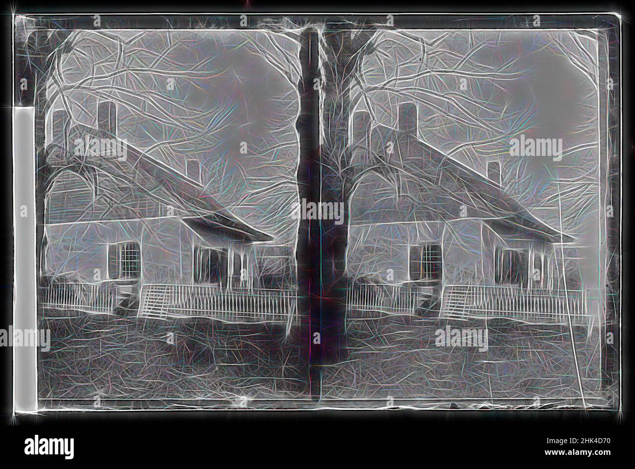Inspired by Isaac Cornel Schenck House at Jamaica Avenue, Highland Park, Brooklyn, Daniel Berry Austin, American, born 1863, active 1899-1909, Gelatin silver glass dry plate negative, ca. 1899-1909, historic Brooklyn, old Brooklyn, old New York, Reimagined by Artotop. Classic art reinvented with a modern twist. Design of warm cheerful glowing of brightness and light ray radiance. Photography inspired by surrealism and futurism, embracing dynamic energy of modern technology, movement, speed and revolutionize culture Stock Photo
