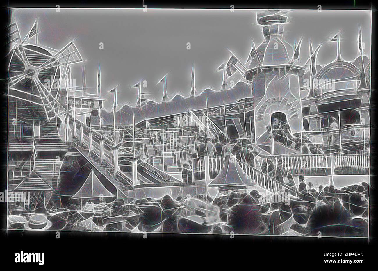Inspired by Luna Park, Eugene Wemlinger, Cellulose nitrate negative, 1909, 20th Century, 20thC, amusement park, b/w, beach, black and white, Brooklyn, Coney Island, crowds, Luna Park, New York, NY, photography, restaurant, windmill, Reimagined by Artotop. Classic art reinvented with a modern twist. Design of warm cheerful glowing of brightness and light ray radiance. Photography inspired by surrealism and futurism, embracing dynamic energy of modern technology, movement, speed and revolutionize culture Stock Photo