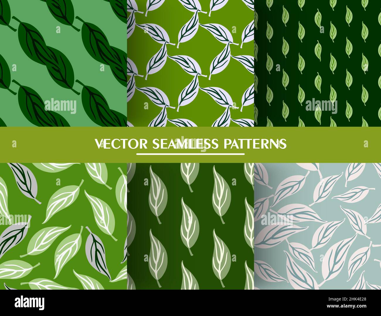 Set of seamless pattern with contoured foliage ornament. Green ...