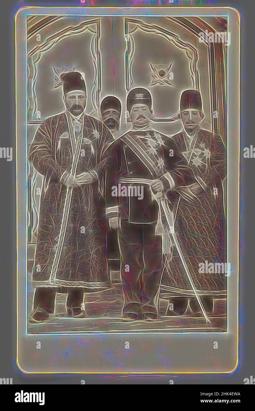 Inspired by Mohammad 'Ali Shah with Mirza Mohammad Ebrahim Khan, the Moavin al-Dowleh, and Company, One of 274 Vintage Photographs, Albumen silver photograph, before 1907, Qajar, Qajar Period, Photo: 8 3/8 x 6 1/4 in., 21.3 x 15.9 cm;, albumen silver photograph, carte de visite, group portrait, medal, Reimagined by Artotop. Classic art reinvented with a modern twist. Design of warm cheerful glowing of brightness and light ray radiance. Photography inspired by surrealism and futurism, embracing dynamic energy of modern technology, movement, speed and revolutionize culture Stock Photo
