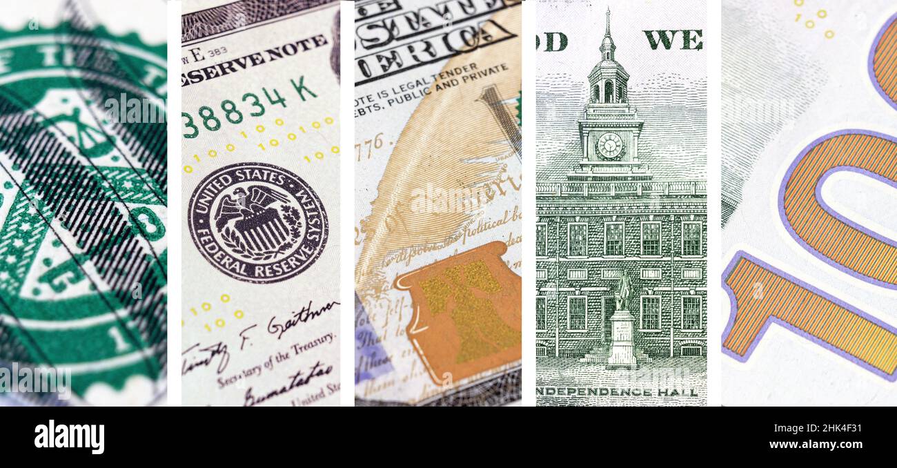 United States new 100 dollars banknote fragments. Hundred dollars bill fragment on macro. New sample money Stock Photo