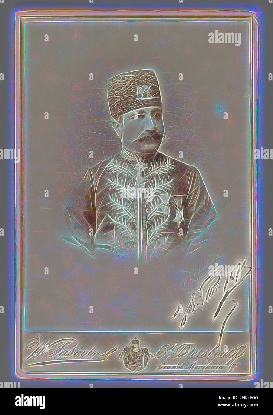 Inspired by One of 274 Vintage Photographs, Gelatin silver printing out paper, 1875, Qajar, Qajar Period, Photo: 5 1/2 x 4 in., 13.9 x 10.1 cm;, cartes de visite, military, moustache, photograph, photography, Qajar, Russia, St. Petersburg, Reimagined by Artotop. Classic art reinvented with a modern twist. Design of warm cheerful glowing of brightness and light ray radiance. Photography inspired by surrealism and futurism, embracing dynamic energy of modern technology, movement, speed and revolutionize culture Stock Photo