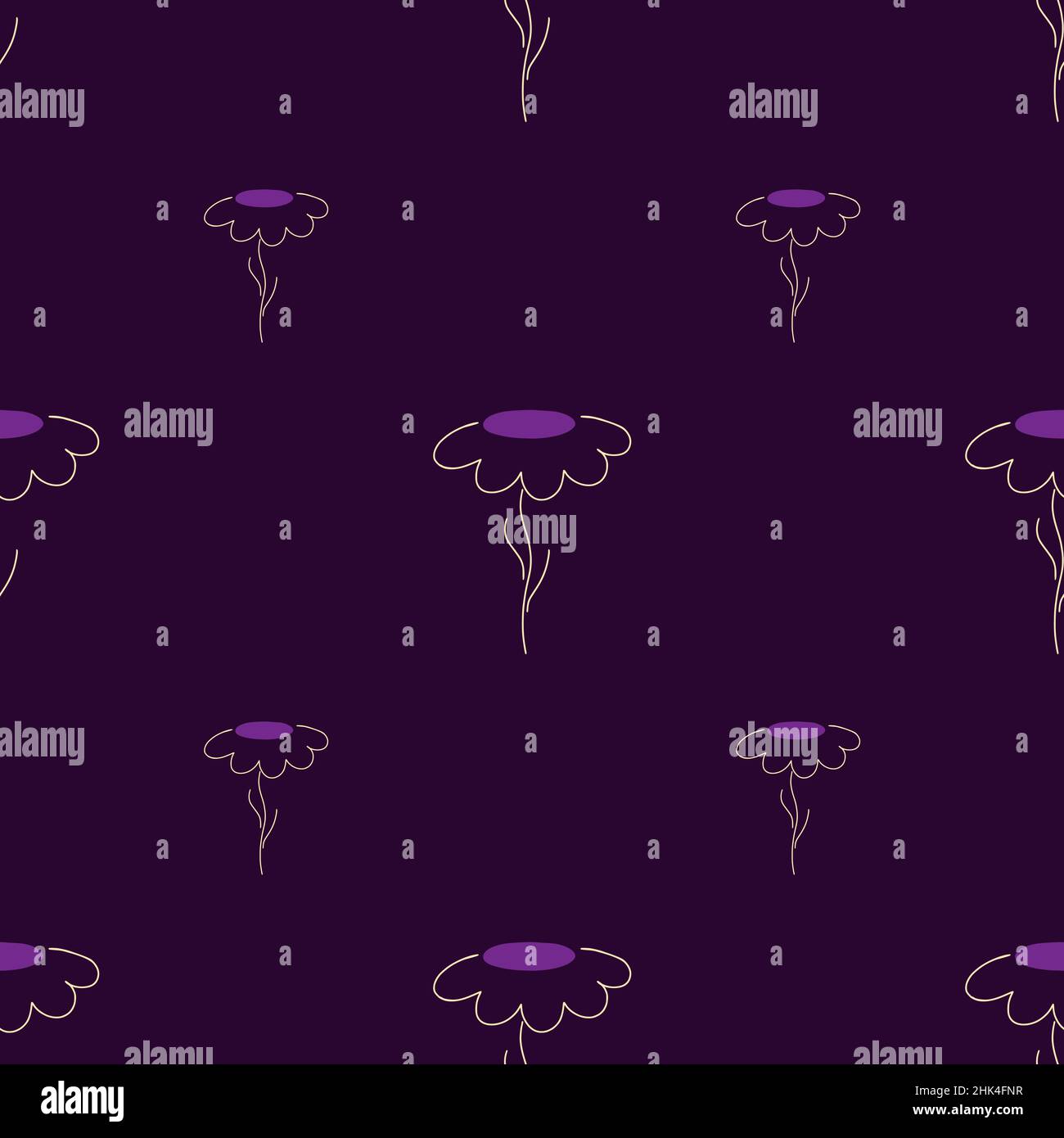 Seasonal dark seamless pattern with botanic field contoured chamomile flowers. Purple background. Perfect for fabric design, textile print, wrapping, Stock Vector
