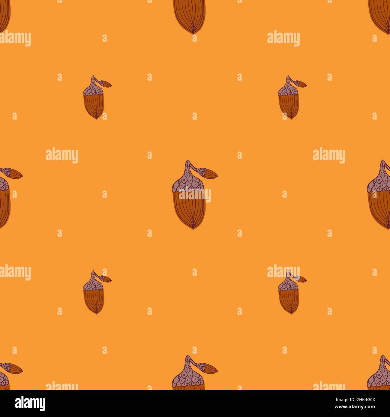 Minimalistic style seamless pattern with brown acorn silhouettes print. Orange background. Simple style. Vector illustration for seasonal textile prin Stock Vector