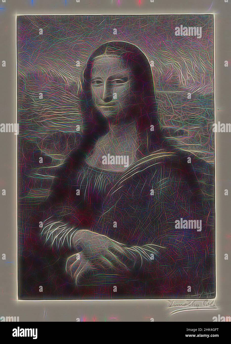 Inspired by Mona Lisa, Wood engraving, 1914, 9 1/8 x 6 5/16 in., 23.2 x 16.1 cm, Reimagined by Artotop. Classic art reinvented with a modern twist. Design of warm cheerful glowing of brightness and light ray radiance. Photography inspired by surrealism and futurism, embracing dynamic energy of modern technology, movement, speed and revolutionize culture Stock Photo