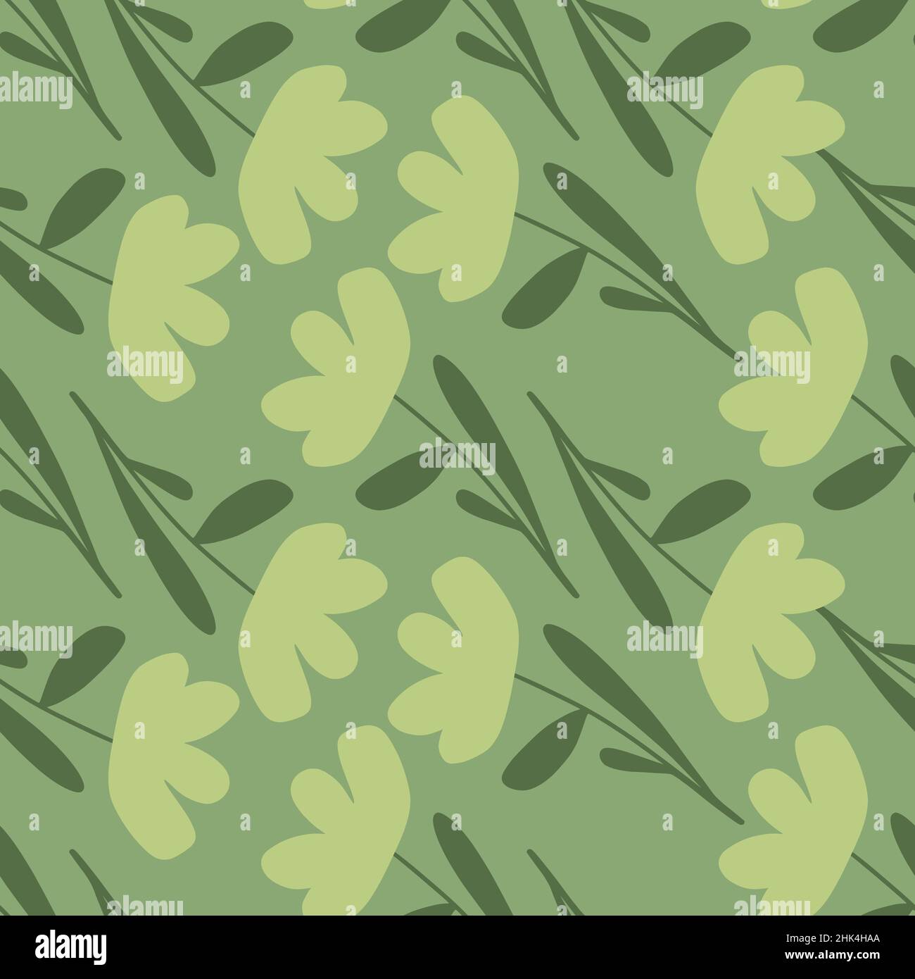 Pale green tones seamless pattern with hand drawn simple flowers shapes ...