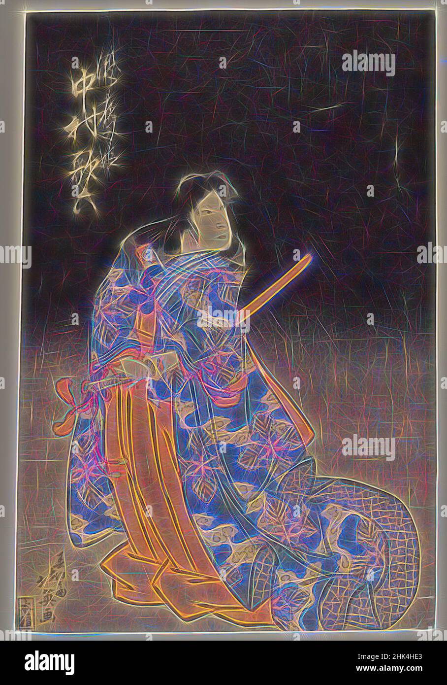 Inspired by Theatrical Male Character with Sword, Woodblock color print, Japan, mat: 13 7/16 x 9 1/16 in., 34.1 x 23 cm, Acting, Actor, Character, Costume, Edo Period, Japan, Japanese, Kabuki, Poetry, Samurai, Stage, Sword, Theatre, Ukiyo-e, Reimagined by Artotop. Classic art reinvented with a modern twist. Design of warm cheerful glowing of brightness and light ray radiance. Photography inspired by surrealism and futurism, embracing dynamic energy of modern technology, movement, speed and revolutionize culture Stock Photo