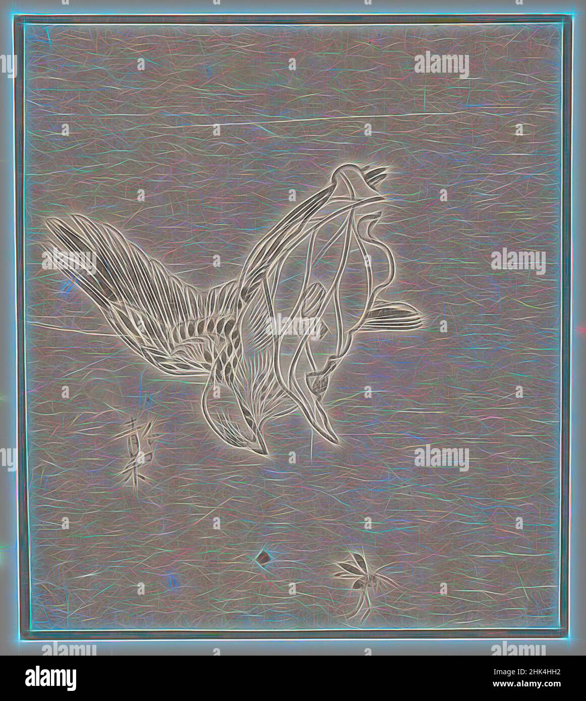 Inspired by Sparrow on Leaf, Shinjo School, Woodblock color print, Japan, 7 3/4 x 8 3/16 in., 19.7 x 20.8 cm, Reimagined by Artotop. Classic art reinvented with a modern twist. Design of warm cheerful glowing of brightness and light ray radiance. Photography inspired by surrealism and futurism, embracing dynamic energy of modern technology, movement, speed and revolutionize culture Stock Photo