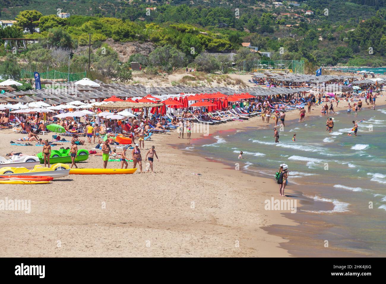 Zakynthos, Greece - August 15, 2016: Tourists are at Banana Beach. One of the most popular resort place of Greek island Zakynthos. Coast of the Ionian Stock Photo