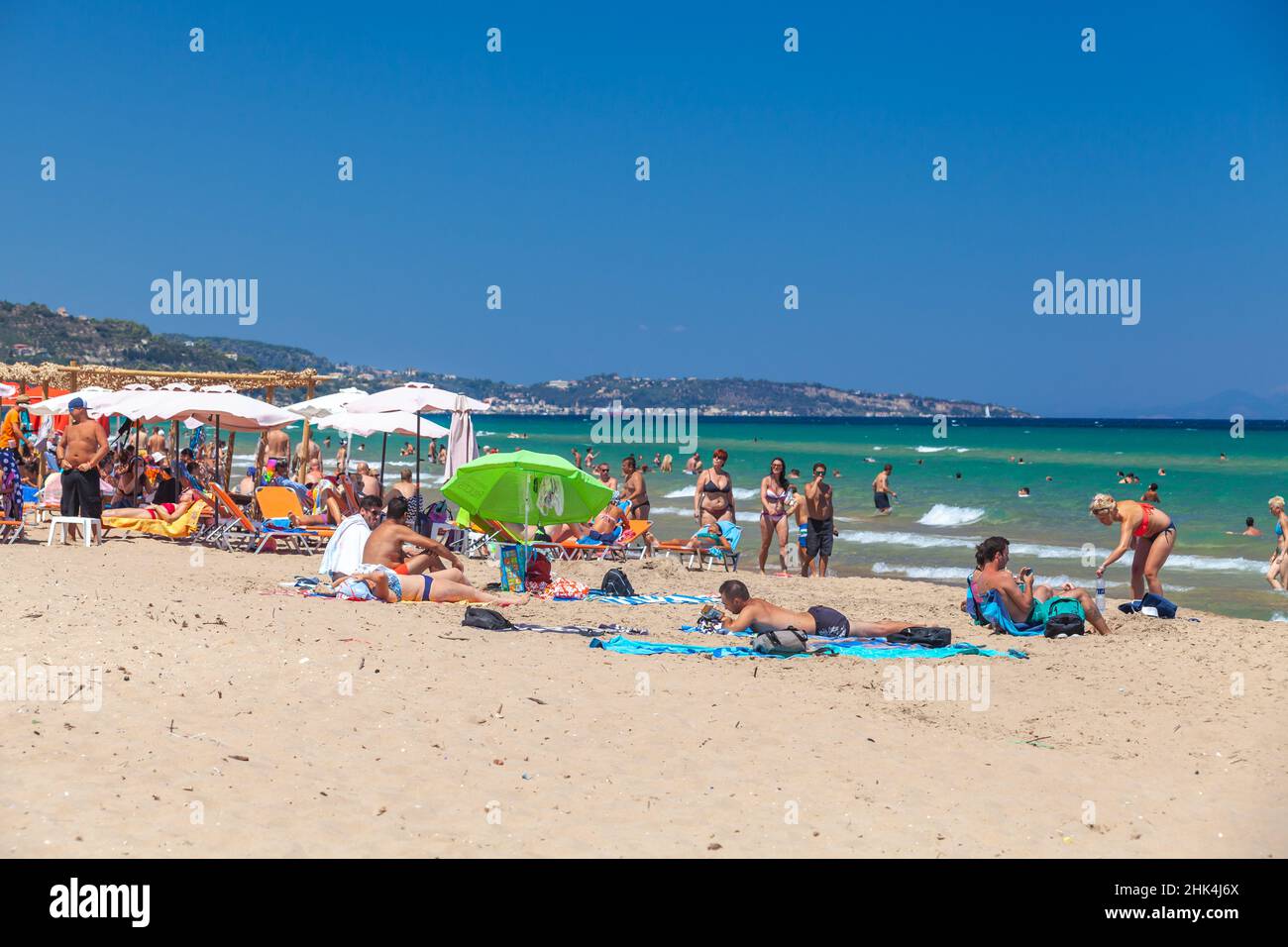 Zakynthos, Greece - August 15, 2016: Tourists are at Banana Beach of one of the most popular resort of Greek island Zakynthos Stock Photo