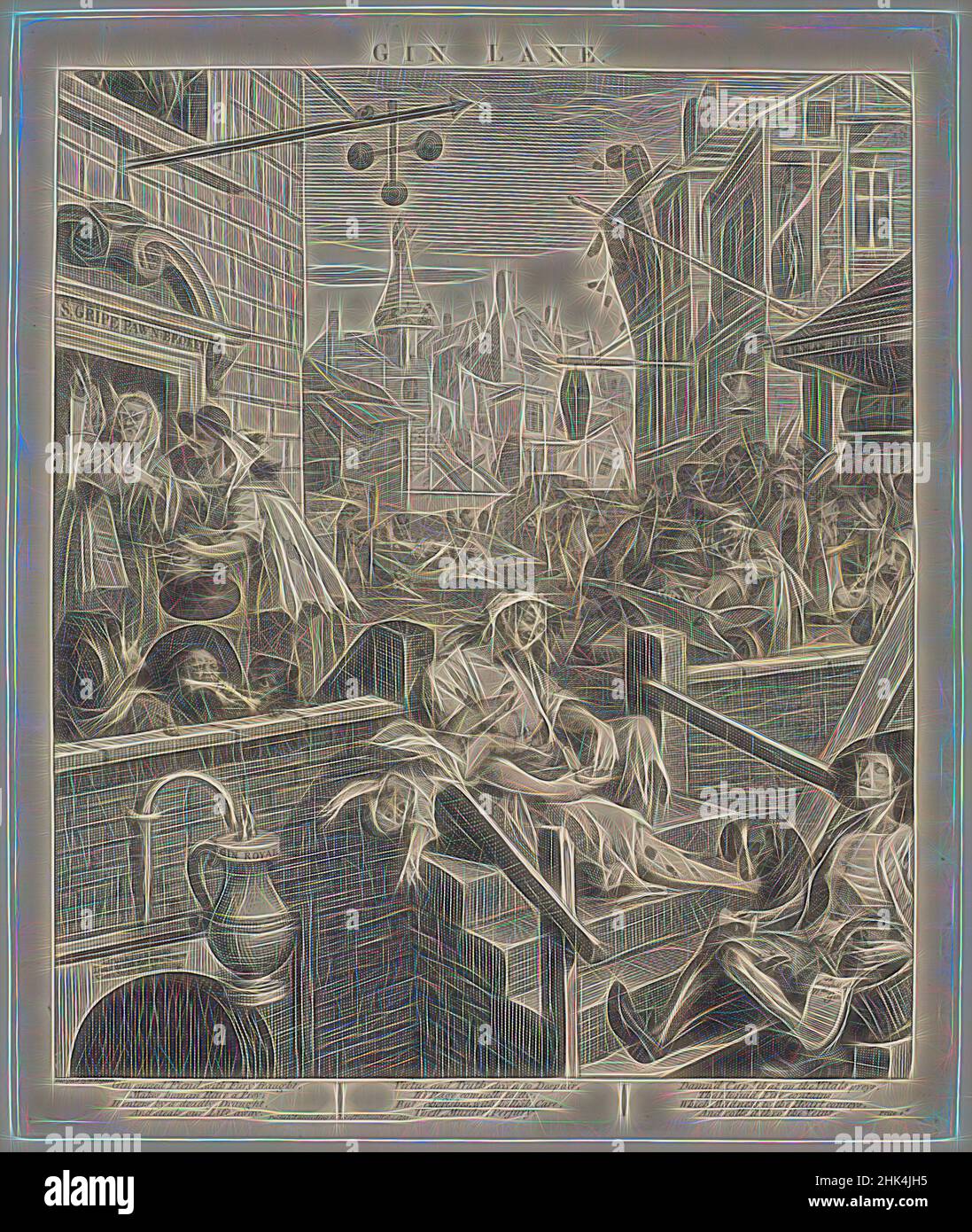 Inspired by Gin Lane, William Hogarth, British, 1697-1764, Engraving on laid paper, 1751, 15 3/8 x 12 3/4 in., 39 x 32.4 cm, Reimagined by Artotop. Classic art reinvented with a modern twist. Design of warm cheerful glowing of brightness and light ray radiance. Photography inspired by surrealism and futurism, embracing dynamic energy of modern technology, movement, speed and revolutionize culture Stock Photo