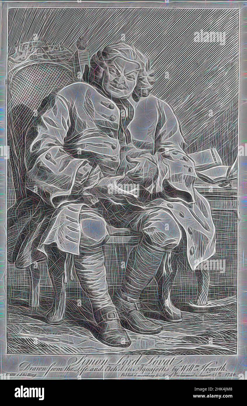 Inspired by Simon Lord Lovat, William Hogarth, British, 1697-1764, Line engraving on laid paper, 1746, 14 3/16 x 9 1/4 in., 36.1 x 23.5 cm, Reimagined by Artotop. Classic art reinvented with a modern twist. Design of warm cheerful glowing of brightness and light ray radiance. Photography inspired by surrealism and futurism, embracing dynamic energy of modern technology, movement, speed and revolutionize culture Stock Photo