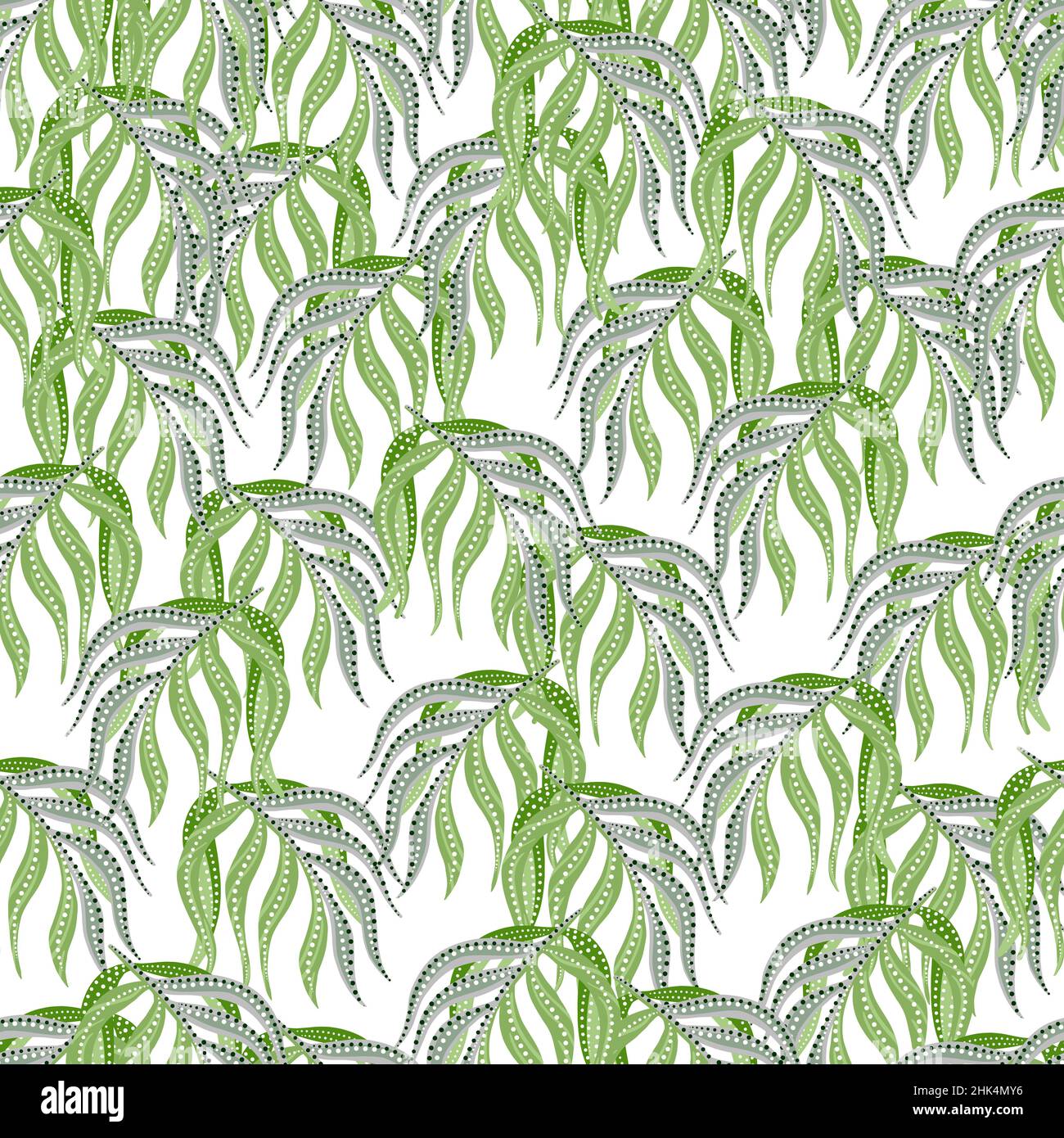 Decorative seamless pattern with random green and blue leaf palm ...