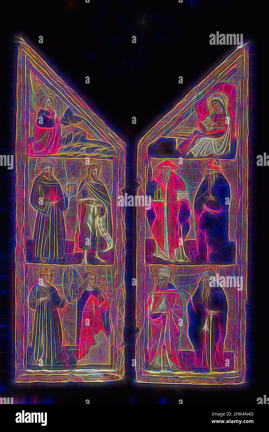 Inspired by Two Wings of a Triptych: Angel Annunciate with Saints Francis, John the Baptist, Catherine of Alexandria and Mary Magdalene, Left Wing; Virgin Annunciate with Saints Jerome, Augustine, Gregory and Anthony Abbot, Guglielmo Veneziano, Italian, School of Venice and the Marches, active 3rd, Reimagined by Artotop. Classic art reinvented with a modern twist. Design of warm cheerful glowing of brightness and light ray radiance. Photography inspired by surrealism and futurism, embracing dynamic energy of modern technology, movement, speed and revolutionize culture Stock Photo