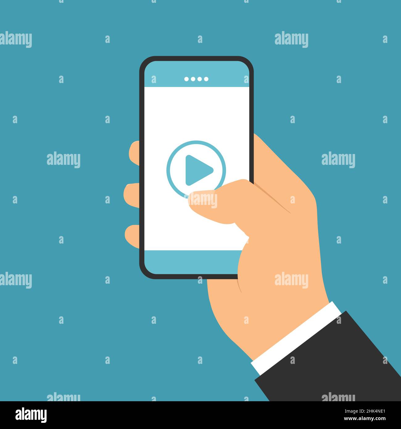 Flat design illustration of hand of manager or businessman holding mobile phone. Click the Play button on the touch screen - vector Stock Vector