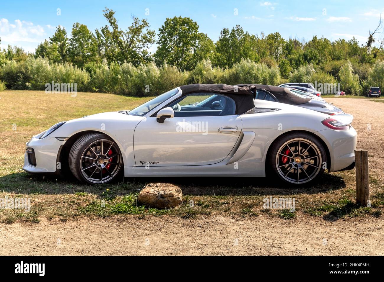 GIVERNY, FRANCE - AUGUST 31, 2019: This is a luxury sport car Porsche Boxter Spyder, which is  manufactured by famous German company. Stock Photo