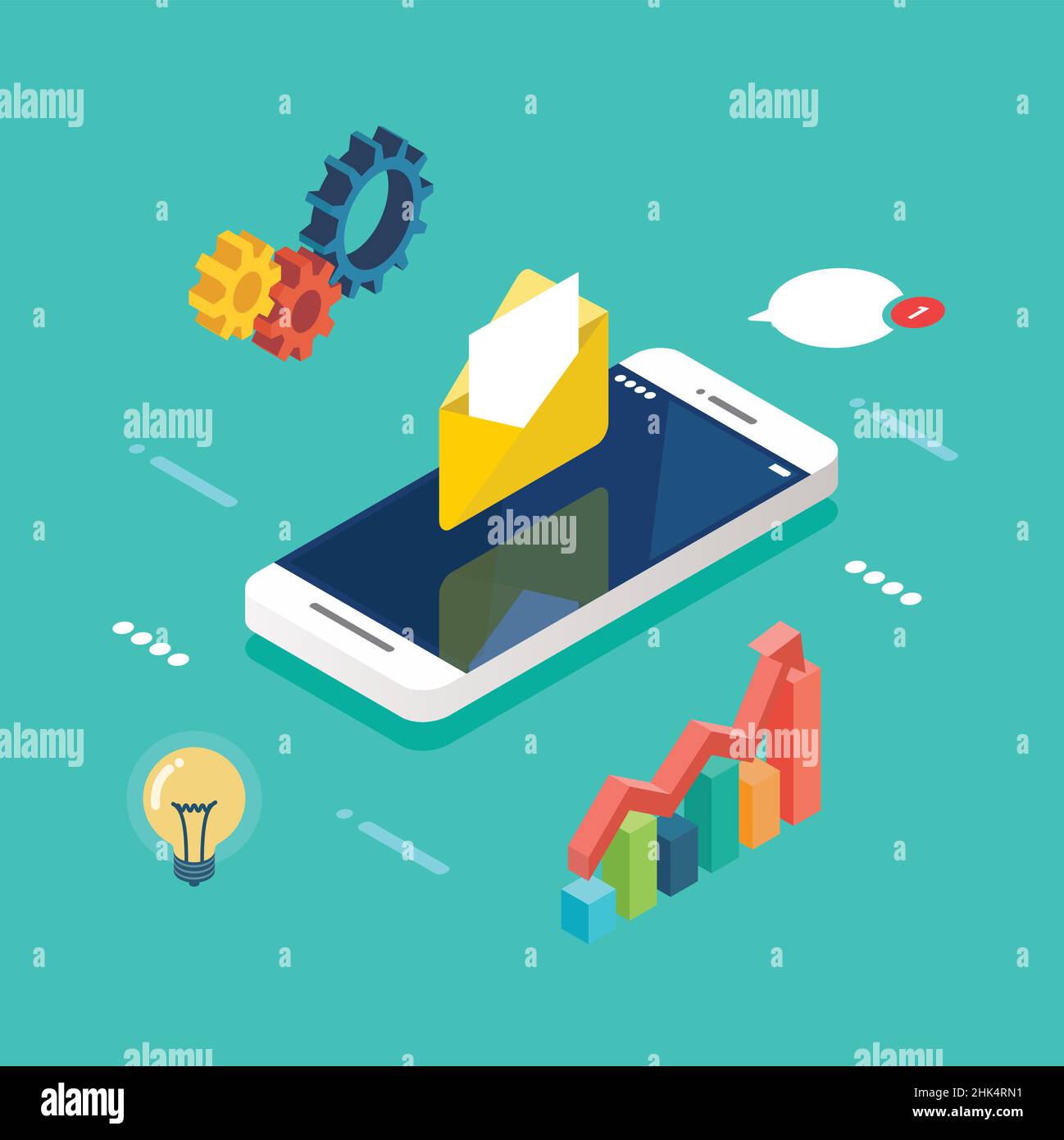 Smartphone with technology elements isometric view. Vector illustration Stock Vector