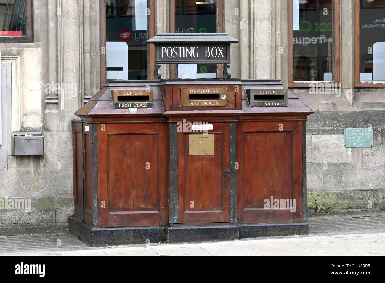 Oxford, England June 2021 Old traditional wooden post box for mail